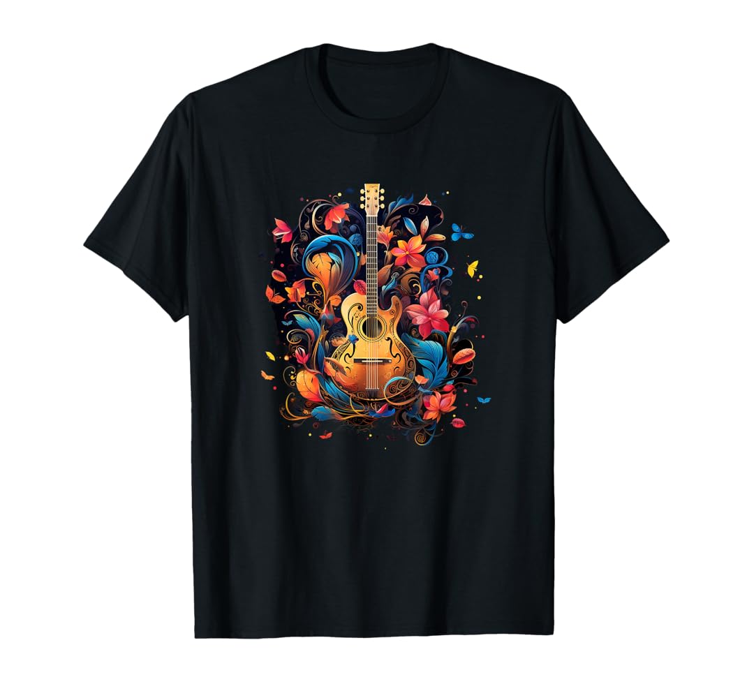 Amazon | 花とギターデザイン Tシャツ | Tシャツ・カットソー 通販